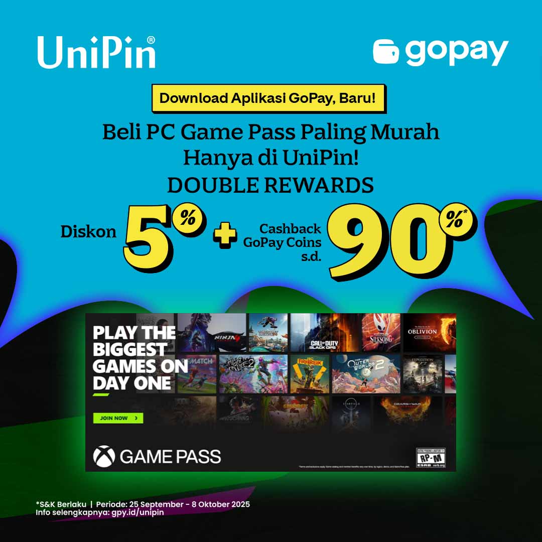 PC Game Pass Lebih Hemat di UniPin! Diskon 5% + Cashback 90% Pakai GoPay!