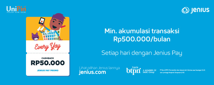 Everyay Cashback Rp 50.000 Top Up dengan Jenius Pay – [Febuari]