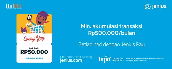 Everyay Cashback Rp 50.000 Top Up dengan Jenius Pay – [Maret]