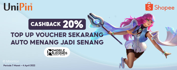 Promo Cashback 20% Voucher UniPin di Shopee 3.15 dan 4.4