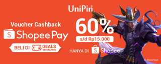 Dapatkan Cashback hingga 60% max Rp 15.000 setiap top up di UniPin menggunakan ShopeePay!