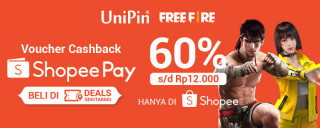 Dapatkan Cashback hingga 60% max Rp 12.000 setiap top up di UniPin menggunakan ShopeePay!