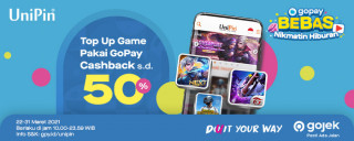 Rayakan GoPay Bebas Belanja bareng UniPin dan dapatkan Cashback  50% Hingga Rp 10Ribu!