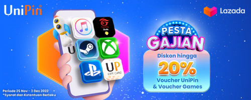 Pesta Gajian Desember – Promo Diskon hingga 20% Voucher UniPin di Lazada