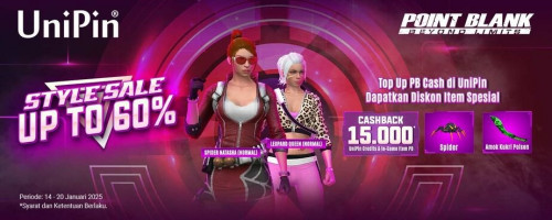 [Style Sale] Top Up PB Cash di UniPin - Dapatkan Diskon 60% + Cashback 15.000 UniPin Credits & Item In-Game PB!