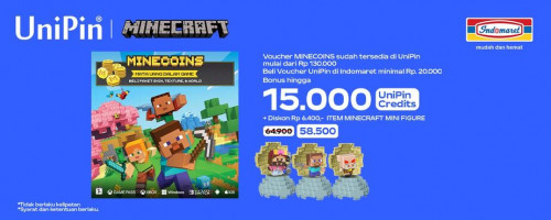 Voucher MINECOINS SUDAH TERSEDIA DI UNIPIN! Beli Voucher UniPin di Indomaret dapatkan bonus UniPin Credits dan Potongan Harga Minecraft Action Figure!