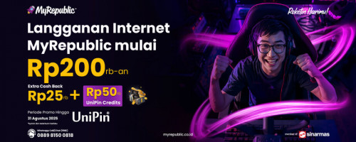 Promo Terbatas! Langganan Internet MyRepublic di UniPin Sekarang! Dapatkan Harga Spesial Mulai Dari 200 ribuan + Extra Cashback Rp25,000 & Bonus Voucher UniPin Rp50,000